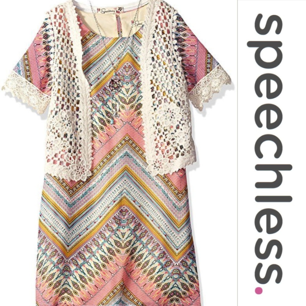 Speechless Girls Boho Chevron Dress + Lace Vest + Necklace Size 4 5‎ NWT